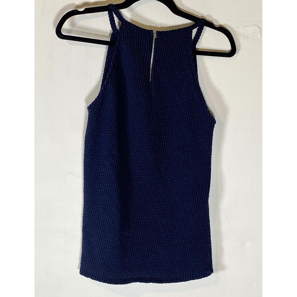 Textured Navy Blue High Neck Tank Top Zip Back Minimalist Stretch Preppy Y2K S